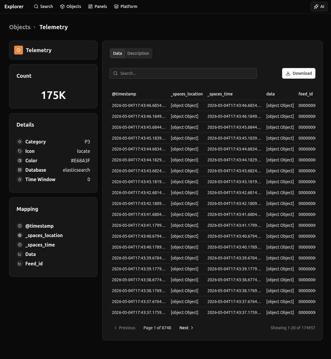 Spaces Explore showing telemetry objects with ontology mappings and searchable data